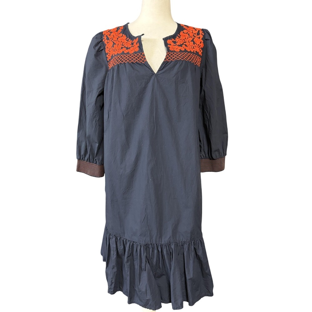 J.Crew Re-Imagined Shift Dress Womens XS Blue Embroidered Ruffle Hem AM118